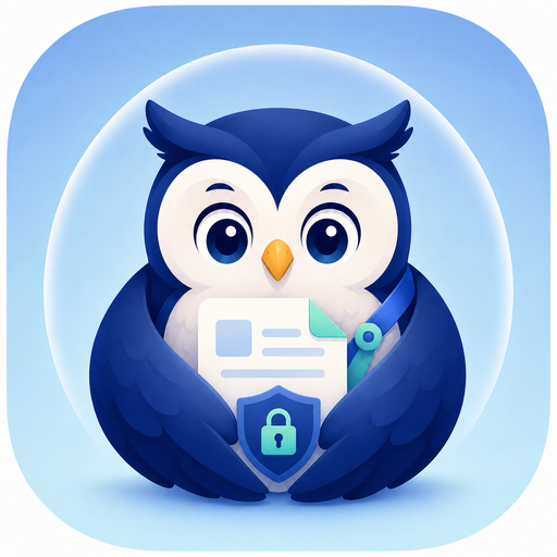 Tasuki Owl — a deep-navy owl holding a document under its wings, with a shield and keyhole on its chest and a soft circular barrier in the background
