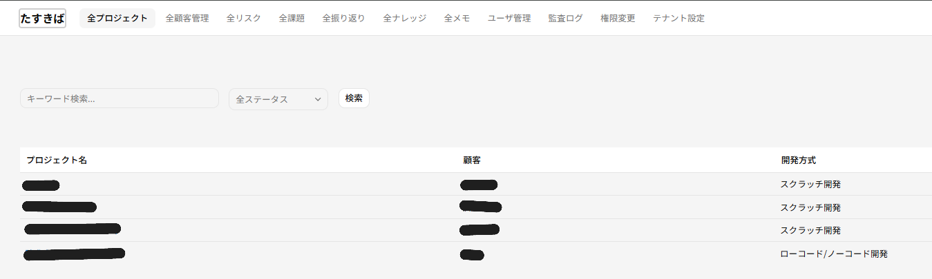 たすきば プロジェクト一覧画面 — 全プロジェクトを横断的に管理